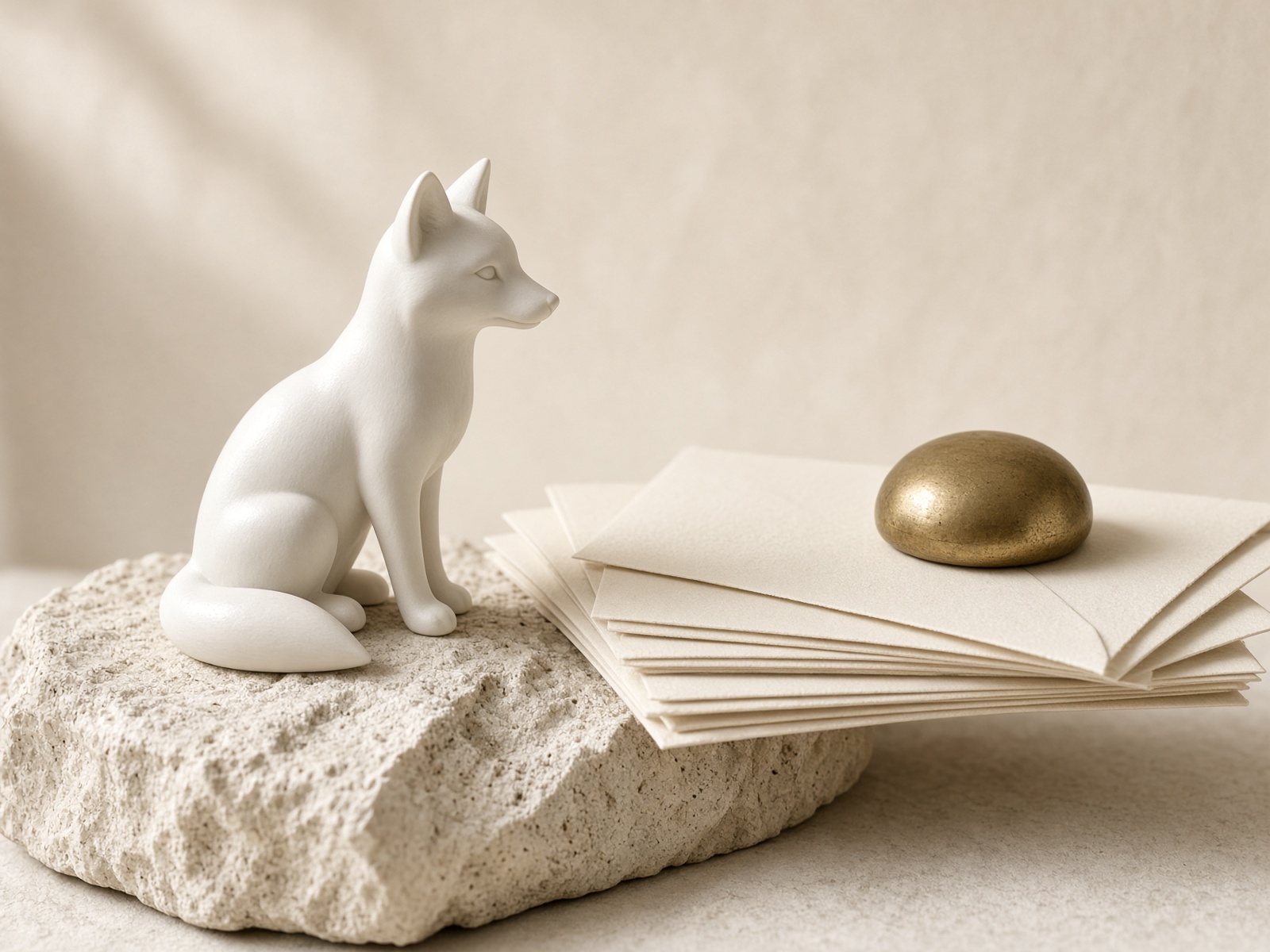A small white ceramic fox beside cream envelopes